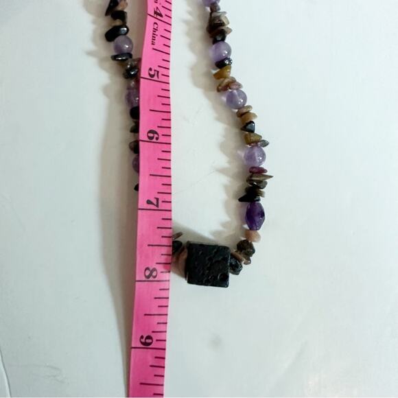 Gem Stone Necklace Beaded Strand Statement Purple Brown Boho Black Cube Chunky - Picture 4 of 7